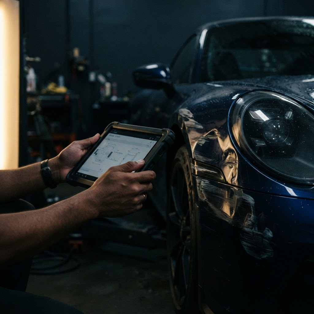 Professionelle Fahrzeugbegutachtung mit Tablet